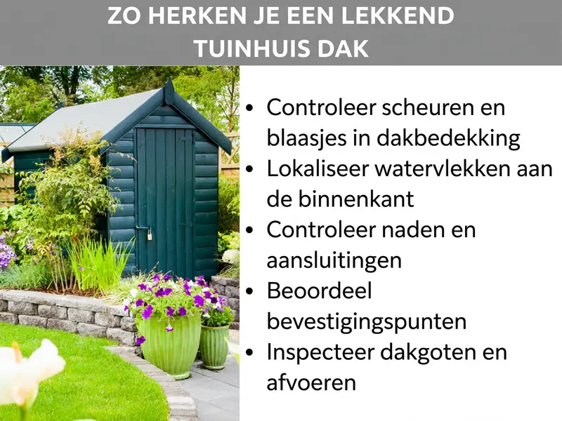 Infographic: Zo herken je een lekkend tuinhuisdak. Links een foto van een donkergroen houten tuinhuis met zadeldak, omringd door bloemen en groene planten. Rechts een opsomming met vijf punten: 1. Scheuren en blazen in de dakbaan controleren. 2. Watervlekken binnenin lokaliseren. 3. Naden en aansluitingen inspecteren. 4. Bevestigingspunten bekijken. 5. Dakgoten en afvoeren inspecteren. Titel in witte letters op een grijze balk bovenaan.