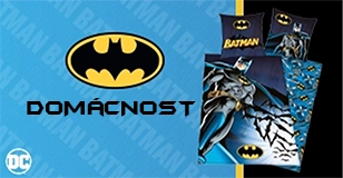 Reklama: Domácnost Batman. Na obrázku je ložní povlečení s velkým motivem Batmana.