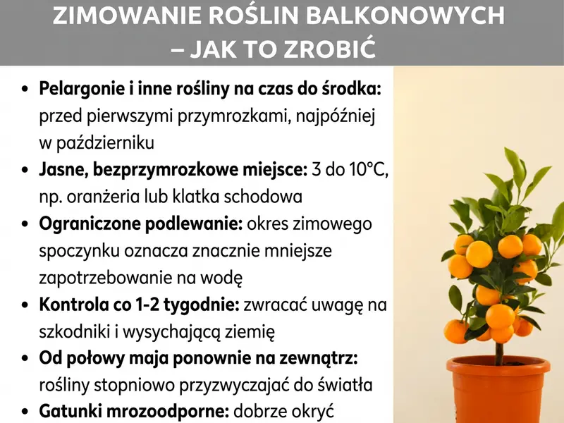 Infografika: Infografika pod tytułem „Zimowanie roślin balkonowych – jak to zrobić” na szarym tle. Po prawej stronie widać drzewko cytrusowe w doniczce, a po lewej lista sześciu porad: 1. Pelargonie i inne gatunki wrażliwe przenieś do środka przed pierwszym przymrozkiem. 2. Wybierz jasne, bezmrozowe miejsce (3–10°C). 3. Podlewaj oszczędnie. 4. Kontroluj rośliny co 1–2 tygodnie. 5. Wystawiaj na zewnątrz od połowy maja. 6. Gatunki mrozoodporne dobrze zabezpiecz.