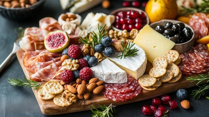 Schmuckbild: Ein Charcuterie Board mit Wurst, Käse, Obst, Crackern und vielem mehr.