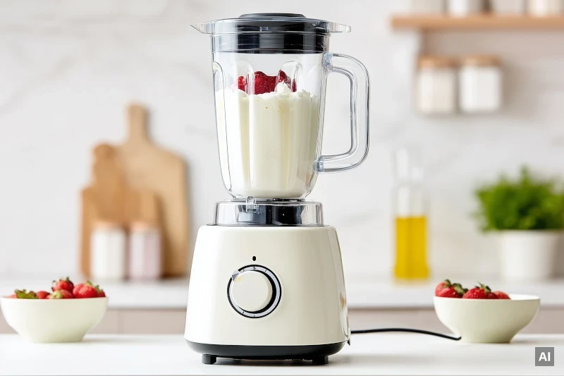 Schmuckbild: Ein weißer Mixer gefüllt mit Joghurt und Erdbeeren steht auf einer weißen Arbeitsplatte. Auf jeder Seite daneben sind weiße Schalen mit Erdbeeren zu sehen. (Mit KI generiert)