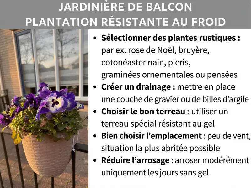 Infographie : titre « Garnir sa jardinière pour l'hiver » sur un bandeau gris. À gauche, la photo d'un pot de fleurs beige accroché à un balcon avec des pensées violettes et blanches, une fenêtre et des arbres nus en arrière-plan dans la lumière du soir. À droite, une liste de cinq conseils : choisir des plantes rustiques, par exemple rose de Noël, bruyère, cotonéaster, piéris, graminées ornementales ou pensées ; créer un drainage avec une couche de gravier ou de billes d'argile ; utiliser un terreau spécial résistant à l'hiver ; choisir un emplacement abrité du vent ; réduire l'arrosage et n'arroser modérément que lors des jours sans gel.