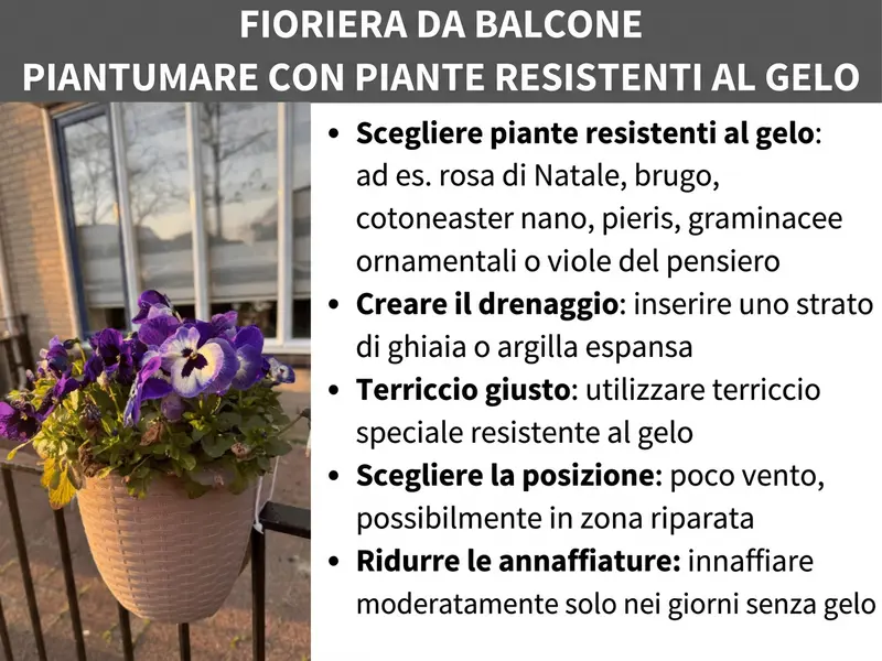 Infografica: Titolo „Come allestire una fioriera invernale“ su barra grigia. A sinistra, foto di un vaso beige appeso alla ringhiera del balcone con viole del pensiero bianche e viola, sullo sfondo una finestra e alberi spogli nella luce del tramonto. A destra, un elenco con cinque consigli: scegliere piante resistenti al freddo come rosa di Natale, erica, cotoneaster, pieris, graminacee ornamentali o viole del pensiero; creare un drenaggio con uno strato di ghiaia o argilla espansa; usare un terriccio specifico per le basse temperature; posizionare la fioriera in un punto riparato dal vento; ridurre le annaffiature e bagnare con moderazione solo nelle giornate senza gelo.