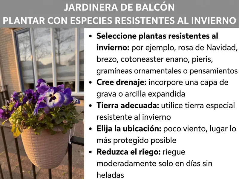 Infografía: título «Plantar jardineras resistentes al frío» sobre una barra gris. A la izquierda, una foto de una maceta beige colgada de la barandilla de un balcón con pensamientos violetas y blancos; al fondo, una ventana y árboles sin hojas al atardecer. A la derecha, una lista con cinco consejos: elegir plantas resistentes al frío, p. ej., rosa de Navidad, brezo, cotoneáster, piéris, gramíneas ornamentales o pensamientos; crear un drenaje con una capa de grava o arcilla expandida; usar el sustrato adecuado con tierra especial resistente al invierno; elegir una ubicación con poco viento y lo más resguardada posible; reducir el riego y regar moderadamente solo en días sin heladas.