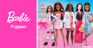 Werbung: Eine Gruppe diverser Barbie Puppen, u.a. als Ballerina, Ärztin und Astronautin. Text: Barbie Puppen.