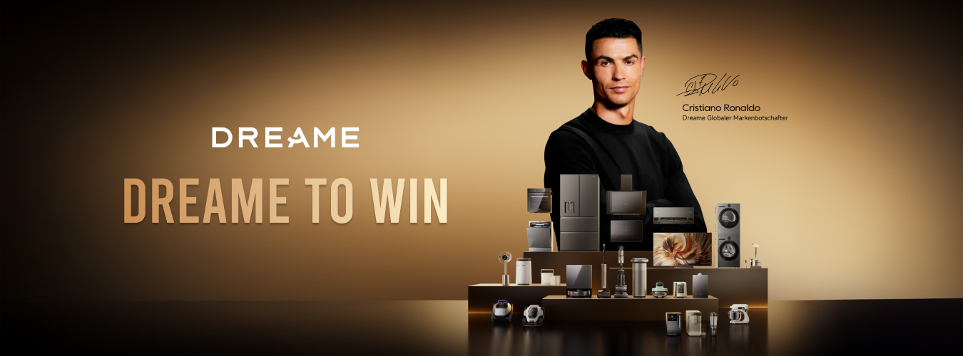 Werbung: DREAME TO WIN. Markenbotschafter Cristiano Ronaldo präsentiert eine große Auswahl an Dreame-Haushaltsgeräten.