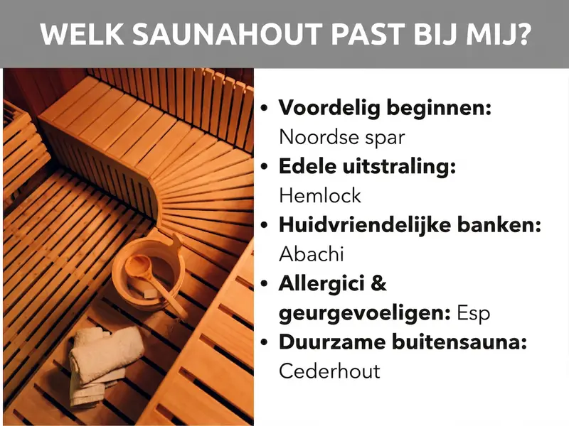 Infographic: Welk saunahout past bij mij? Links een foto van een sauna met houten banken, saunaemmer en handdoek. Rechts een lijst met vijf punten: 1. Voordelig instappen: noordse fijnspar. 2. Edele uitstraling: hemlock. 3. Huidvriendelijke banken: abachi. 4. Mensen met allergieën en geurovergevoeligheid: esp. 5. Duurzame buitensauna: cederhout.