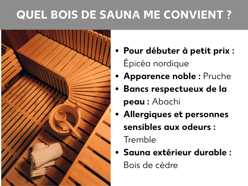 Infographie : quel bois de sauna choisir ? À gauche, photo d'un sauna avec banquettes en bois, seau et serviette. À droite, une liste de cinq points : 1. Petit budget : épicéa nordique. 2. Aspect raffiné : hemlock. 3. Banquettes douces pour la peau : abachi. 4. Personnes allergiques ou sensibles aux odeurs : tremble. 5. Sauna extérieur durable : cèdre.