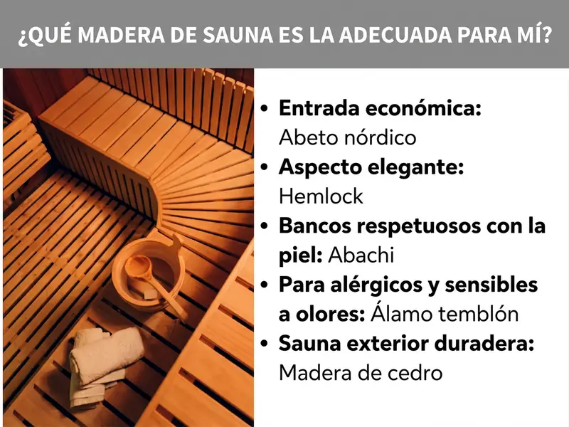 Infografía: ¿Qué madera para sauna te conviene? A la izquierda, una foto de una sauna con bancos de madera, un cubo de sauna y una toalla. A la derecha, una lista con cinco puntos: 1. Opción económica: abeto nórdico. 2. Aspecto elegante: hemlock. 3. Bancos suaves al tacto: abachi. 4. Personas alérgicas y sensibles a los olores: álamo temblón. 5. Sauna exterior duradera: cedro.