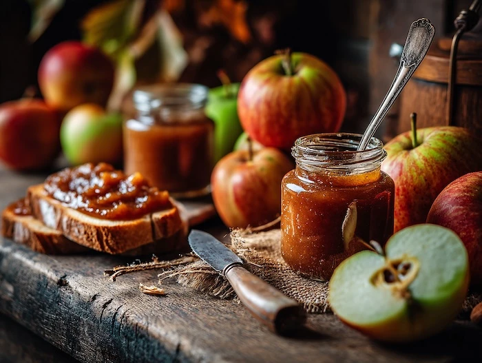 Ein Holzbrett gedeckt mit frischen Äpfeln, einem Glas Marmelade und einem Brot mit Marmelade