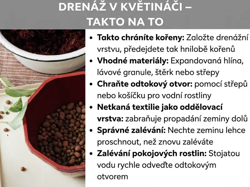 Infografika: Grafika s názvem „Drenáž do květináče – jak na to". Vlevo fotografie dvou květináčů: nahoře bílý květináč se zeminou, dole červený květináč naplněný keramzitovými kuličkami. Vedle jsou zelené listy a jednotlivá zrníčka. Vpravo je šest tipů: „Ochrana kořenů: drenážní vrstva zabraňuje hnilobě kořenů"; „Vhodné materiály: keramzit, lávový granulát, štěrk nebo hliněné střepy"; „Ochrana odtokového otvoru: hliněnými střepy nebo košíkem na vodní rostliny"; „Netkaná textilie jako oddělovací vrstva: zabraňuje propadávání zeminy"; „Správné zalévání: nechte zeminu mírně oschnout, než znovu zalijete"; „Zalévání pokojových rostlin: přebytečná voda musí rychle odtéct odtokovým otvorem".