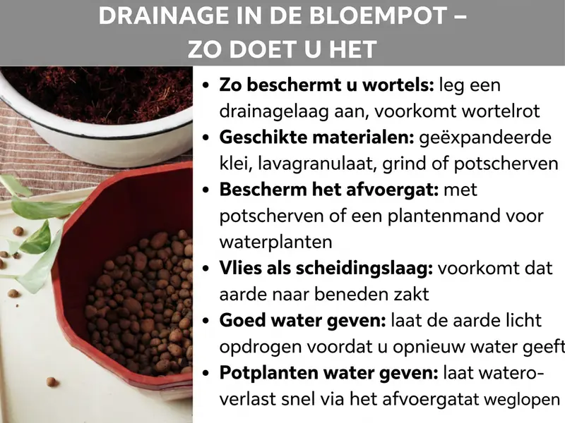 Infographic: Een afbeelding met de titel "Drainage bloempot - zo doe je dat". Links is een foto te zien met twee bloempotten: boven een witte pot met aarde, onder een rode pot gevuld met hydrokorrels. Daarnaast zijn groene bladeren en losse korrels te zien. Rechts staan zes tips: "Zo bescherm je wortels: drainagelaag aanleggen voorkomt wortelrot"; "Geschikte materialen: hydrokorrels, lavagranulaat, grind of potscherven"; "Afvoergat beschermen: met potscherven of een plantenmand voor waterplanten"; "Vlies als scheidingslaag: voorkomt dat aarde naar beneden zakt"; "Goed gieten: laat de aarde licht opdrogen voordat je opnieuw giet"; "Potplanten gieten: laat overtollig water snel via het afvoergat weglopen".