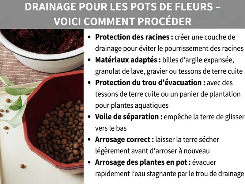 Infographie : visuel Canva intitulé « Drainage pot de fleurs – Mode d’emploi ». À gauche, une photo montre deux pots de fleurs : en haut, un pot blanc rempli de terre, en bas, un pot rouge rempli de billes d’argile expansée. Des feuilles vertes et quelques grains sont visibles à côté. À droite, six conseils sont listés : « Protégez les racines : une couche de drainage prévient la pourriture racinaire » ; « Matériaux adaptés : argile expansée, granulat de lave, gravier ou tessons de terre cuite » ; « Protégez le trou d’évacuation : avec un tesson ou un panier de plantation aquatique » ; « Un voile de séparation : empêche la terre de descendre dans le drainage » ; « Bien arroser : laissez la terre sécher légèrement en surface avant d’arroser à nouveau » ; « Arrosage des plantes en pot : évacuez rapidement l’excès d’eau par le trou de drainage ».