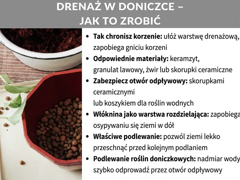 Infografika: Grafika z tytułem „Drenaż w doniczce – jak to zrobić". Po lewej stronie zdjęcie dwóch doniczek: na górze biała doniczka z ziemią, poniżej czerwona doniczka wypełniona kulkami keramzytu. Obok widoczne zielone liście i pojedyncze ziarna. Po prawej stronie sześć porad: „Chroń korzenie: warstwa drenażowa zapobiega gnicia korzeni"; „Odpowiednie materiały: keramzyt, granulat lawowy, żwir lub kawałki ceramiki"; „Ochrona otworu odpływowego: kawałkami ceramiki lub koszyczkiem do roślin wodnych"; „Włóknina jako warstwa oddzielająca: zapobiega przesypywaniu się ziemi w dół"; „Prawidłowe podlewanie: przed kolejnym podlewaniem poczekaj, aż wierzchnia warstwa ziemi lekko przeschnie"; „Podlewanie roślin doniczkowych: nadmiar wody powinien swobodnie odpływać przez otwór w dnie"