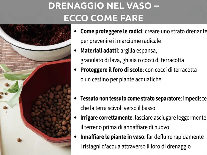 Infografica: grafica con il titolo „Drenaggio nel vaso – Ecco come fare“. A sinistra una foto con due vasi: in alto un vaso bianco con terriccio, in basso un vaso rosso pieno di palline di argilla espansa. Accanto si vedono foglie verdi e alcuni granuli. A destra, la grafica elenca sei consigli: „Proteggi le radici: crea uno strato drenante per prevenire il marciume radicale“; „Materiali adatti: argilla espansa, granulato di lava, ghiaia o cocci di terracotta“; „Proteggi il foro di scolo: con un coccio o un cestello per piante acquatiche“; „TNT come strato separatore: impedisce al terriccio di scendere verso il basso“; „Annaffia nel modo giusto: lascia asciugare leggermente il terriccio prima di annaffiare di nuovo“; „Piante in vaso: fai defluire subito l'acqua in eccesso dal foro di scolo“.