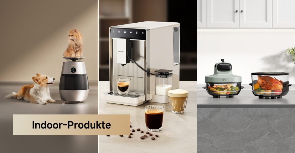 Werbung: Indoor-Produkte. Collage zeigt ein smartes Haustiergerät mit Hund & Katze, eine Kaffeemaschine und zwei Kochgeräte.