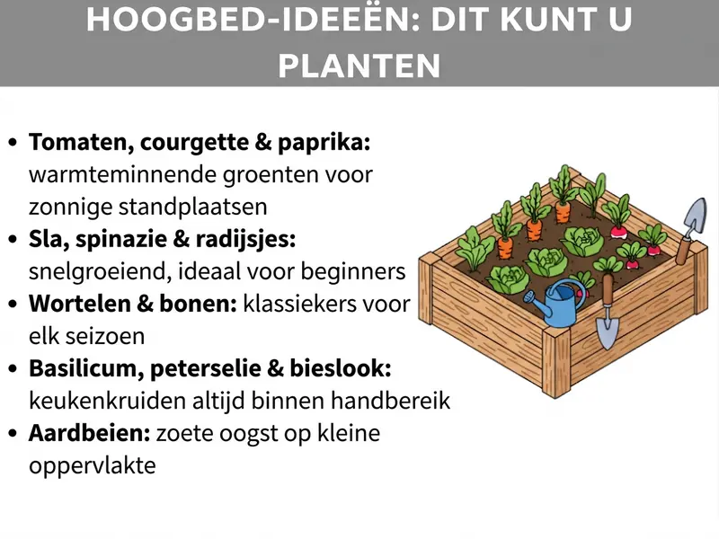Infographic: Ideeën voor de moestuinbak: dit kun je planten. De lijst bevat vijf punten: 1. Tomaten, courgettes & paprika's: warmteminnende groenten voor zonnige plekken. 2. Sla, spinazie & radijsjes: snelgroeiend, ideaal voor beginners. 3. Wortels & bonen: klassiekers voor elk seizoen. 4. Basilicum, peterselie & bieslook: keukenkruiden altijd binnen handbereik. 5. Aardbeien: een zoete oogst op een klein oppervlak. Rechts ernaast staat een illustratie van een gevulde houten moestuinbak met verschillende groenteplanten, een gieter en een schep.