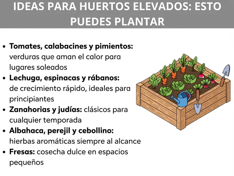 Infografía: ideas para el huerto elevado: esto es lo que puedes plantar. La lista incluye cinco puntos: 1. Tomates, calabacines y pimientos: verduras amantes del calor para ubicaciones soleadas. 2. Lechuga, espinacas y rabanitos: de crecimiento rápido, ideales para principiantes. 3. Zanahorias y judías: clásicos para cualquier temporada. 4. Albahaca, perejil y cebollino: hierbas aromáticas siempre a mano. 5. Fresas: cosecha dulce en poco espacio. A la derecha se muestra una ilustración de un huerto elevado de madera con diferentes plantas hortícolas, una regadera y una pala.