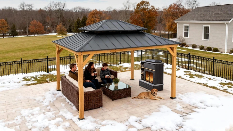 Sunjoy Pavillon. Outdoor-Kamin und Gartenlounge unter Pavillon im Winter