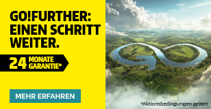 Werbung: Go!Further. Ein Schritt weiter. Mit 24 Monaten Garantie. Ein Mann mit einem Hochdruckreiniger vor blauem Himmel. Jetzt klicken und mehr erfahren.