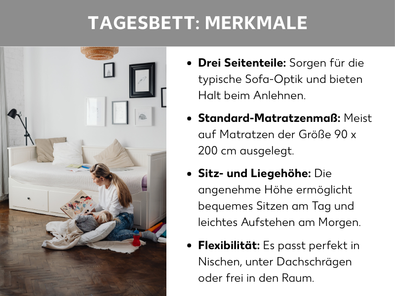 Infografik: Merkmale eines Tagesbettes: Neben dem Foto eines Tagesbettest stehen folgende Listenpunkte: Drei Seitenteile, Standard-Matratzenmaß, Sitz- und Liegehöhe, Flexibilität.