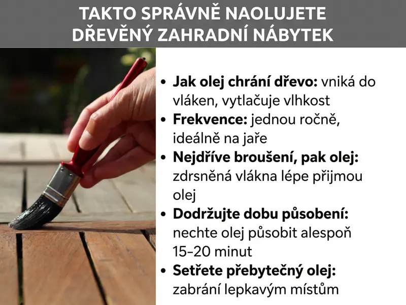 Infografika s 5 tipy pro olejování zahradního nábytku: ochrana dřeva, frekvence, broušení, doba působení a setření přebytků.