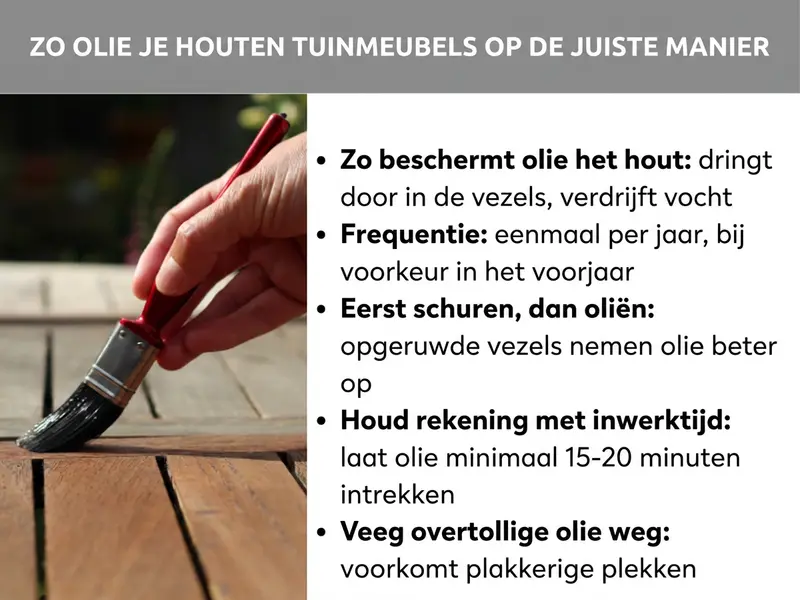 Infographic: houten tuinmeubelen oliën – 5 belangrijke tips: 1. Zo beschermt olie het hout: dringt in de vezels en verdrijft vocht. 2. Frequentie: eenmaal per jaar, bij voorkeur in het voorjaar. 3. Eerst schuren, dan oliën: opgeruwd hout neemt olie beter op. 4. Laat de olie intrekken: minimaal 15–20 minuten laten zitten. 5. Overtollige olie wegvegen: voorkomt plakkerige plekken.