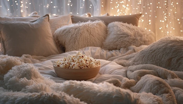Schmuckbild: Kein Bett mit vielen Kissen und Kuscheldecken, darauf Popcorn, im Hintergrund ein Vorhang aus Lichterketten.
