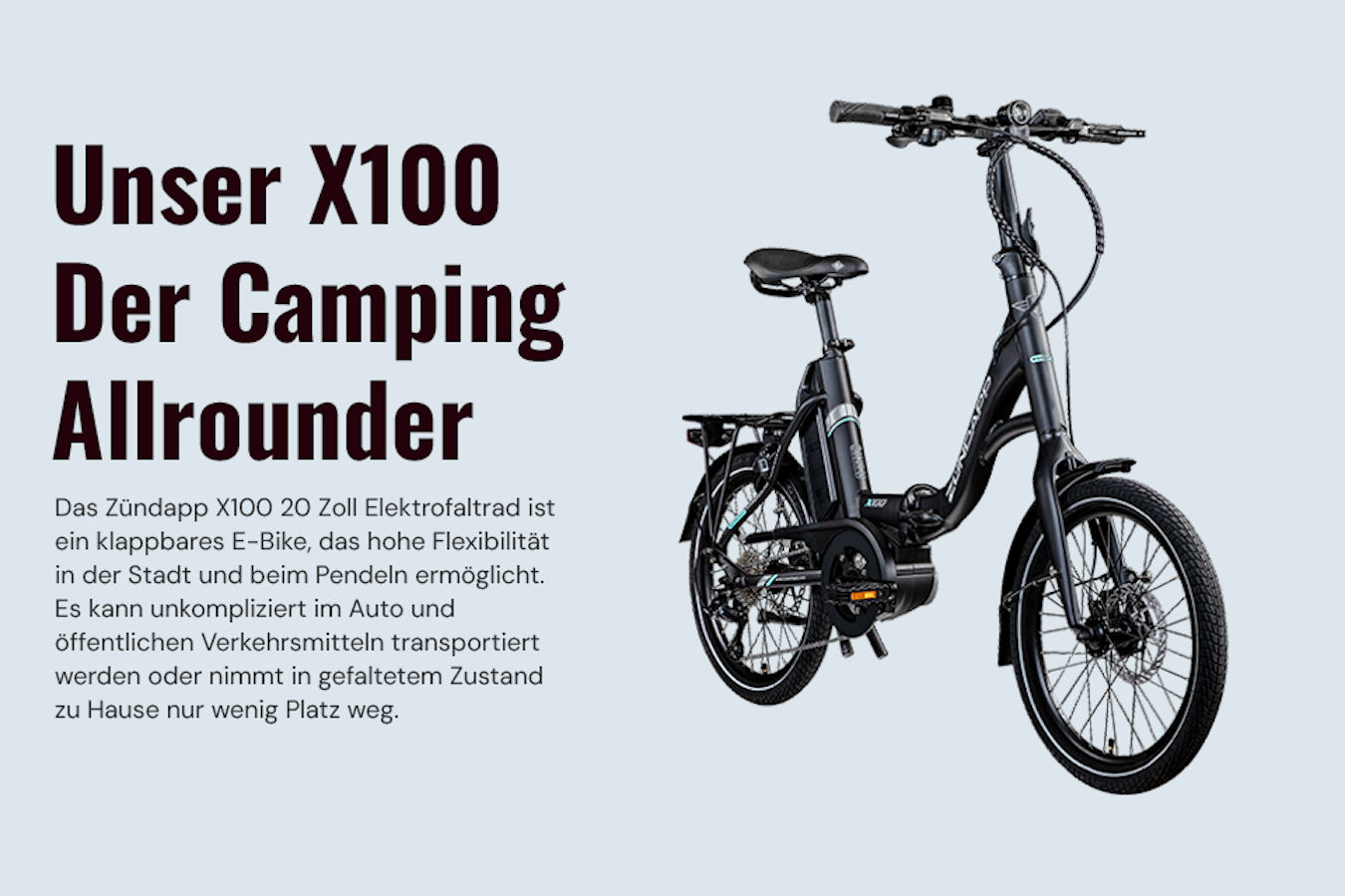 Werbung: Das klappbare E-Bike Zündapp X100, der Camping Allrounder. Flexibel für Stadt, Pendeln und Transport.