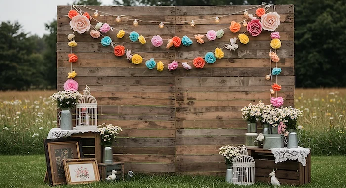 Schmuckbild: Eine DIY-Fotowand aus Holz mit Blumendeko, Bilderrahmen und Girlanden