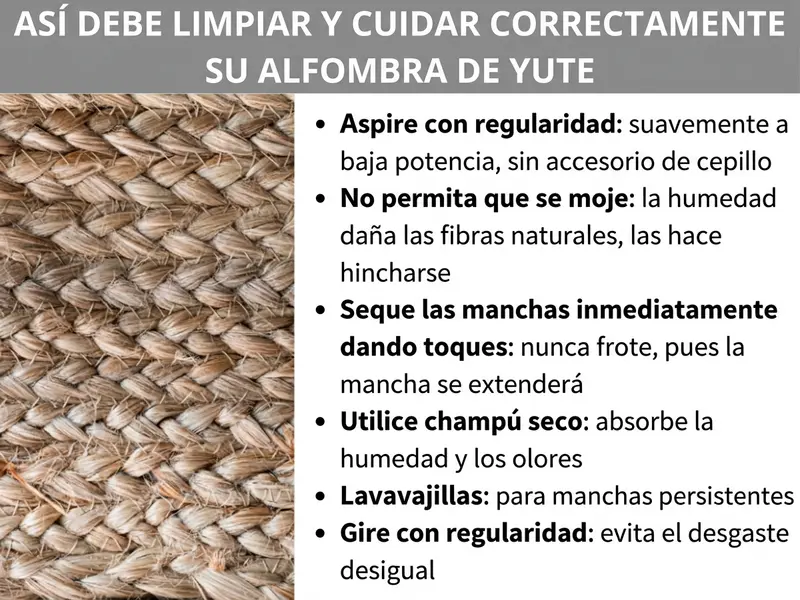 Infografía: consejos de cuidado para alfombras de yute con seis indicaciones sobre fondo blanco junto a un primer plano de una alfombra de yute trenzada: aspirar regularmente a potencia baja, evitar la humedad, secar las manchas de inmediato, usar champú en seco para los olores, aplicar lavavajillas en manchas difíciles y dar la vuelta a la alfombra con regularidad.