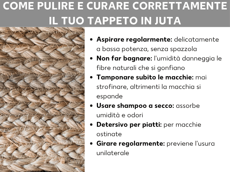 Infografica: consigli per la cura dei tappeti in juta con sei suggerimenti su sfondo bianco accanto al primo piano di un tappeto in juta intrecciato: aspirare regolarmente a potenza bassa, evitare l'umidità, tamponare subito le macchie, usare shampoo a secco contro gli odori, utilizzare il detersivo per piatti per le macchie ostinate e girare il tappeto regolarmente.