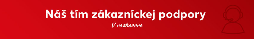 Červený banner s názvom „Náš zákaznícky servis“ a dodatkom „V rozhovore“, vpravo ikona servisného pracovníka s náhlavnou súpravou.