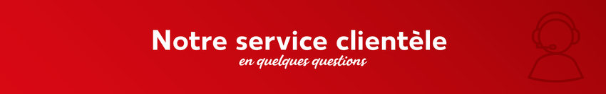 Bannière rouge intitulée « Notre service client » avec la mention « En interview », à droite une icône représentant un employé du service client avec un casque audio.