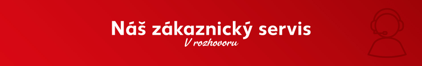Červený banner s názvem „Náš zákaznický servis“ a doplňkem „V rozhovoru“, vpravo ikona servisního pracovníka s náhlavní soupravou.