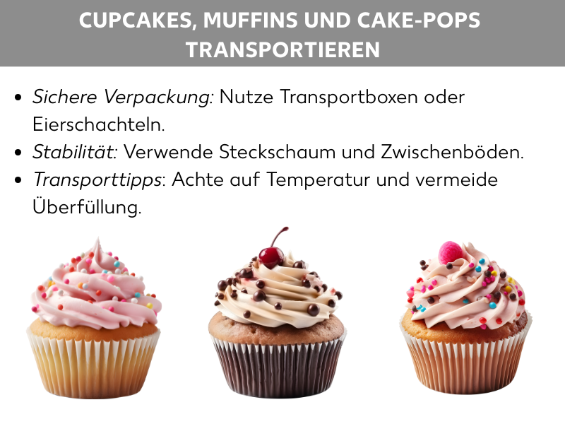 Infografik: 3 Cupcakes, darüber folgender Text: Sichere Verpackung: Nutze Transportboxen oder Eierschachteln, Stabilität: Verwende Steckschaum und Zwischenböden, Transporttipps: Achte auf Temperatur und vermeide Überfüllung