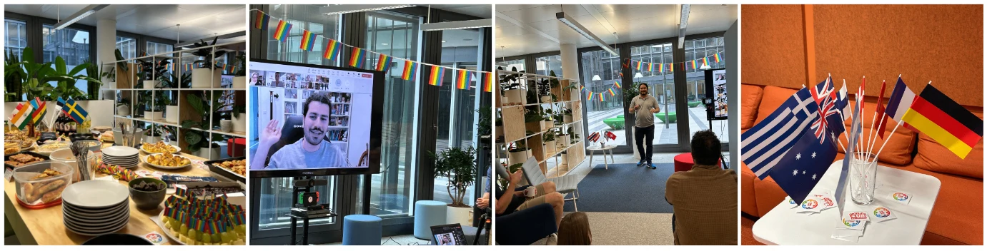 Schmuckbild: Fotostreifen mit 4 Bildern vom Diversity Day 2024 bei Kaufland e-commerce. Zu sehen sind internationale Spezialitäten, Pide-Wimpelketten, Vortragende per Videoteilnahme und vor Ort sowie internationale Flaggen zum Jubeln und Feiern.