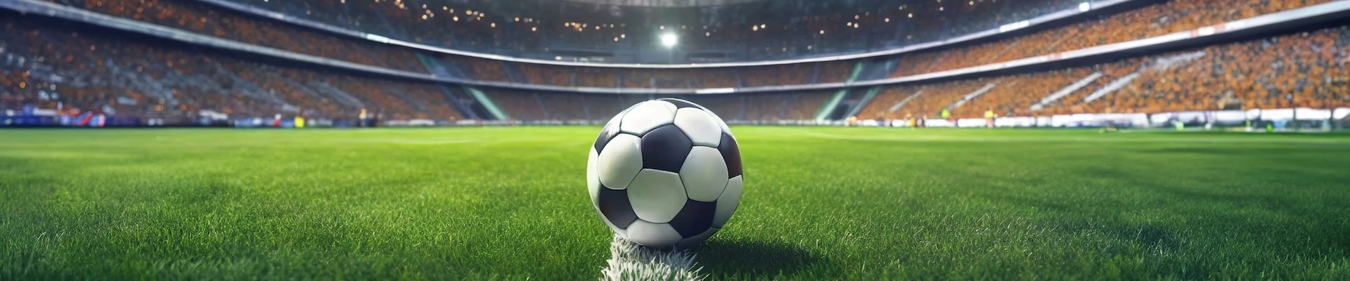 Schmuckbild: Ein Fußball auf dem Rasen eines großen Stadions.