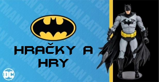 Reklama: Hračky a hry Batman. Na obrázku je logo a akční figurka Batmana.