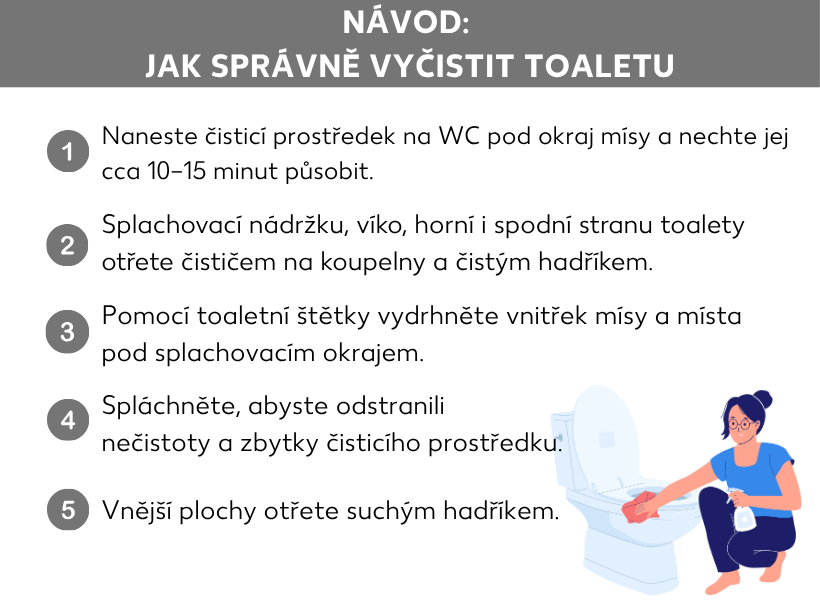 Informační grafika: Návod: Jak vyčistit záchodovou mísu. Žena, která čistí toaletu, vedle ní následující postup: 1. Čisticí přípravek na WC aplikujte pod okraj mísy a nechte ho asi 10 až 15 minut působit. 2. Splachovací nádržku, prkénko i horní a spodní část toalety otřete čisticím přípravkem na koupelny a čistým hadříkem. 3. WC štětkou vydrhněte vnitřek mísy a oblast pod jejím okrajem. 4. Spláchněte, aby voda odplavila nečistoty i čisticí prostředek. 5. Vnější plochy otřete suchým hadříkem.
