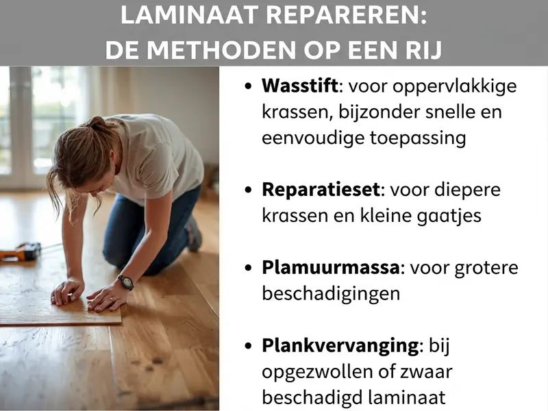 Infographic "Laminaat repareren: overzicht van de methoden" met een vrouw die op de vloer knielt en een laminaatplank bekijkt. Rechts daarnaast vier methoden in een overzicht: wasstift voor oppervlakkige krassen, reparatieset voor diepere krassen en kleine gaten, plamuur voor grotere schade en plankvervanging bij opgezwollen of zwaar beschadigd laminaat.