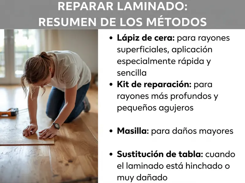 Infografía «Reparar laminado: resumen de los métodos», con una mujer arrodillada en el suelo examinando una tabla de laminado. A la derecha, cuatro métodos: lápiz de cera para arañazos superficiales, kit de reparación para arañazos profundos y pequeños agujeros, masilla de relleno para daños mayores y sustitución de tablas para laminado hinchado o muy deteriorado.
