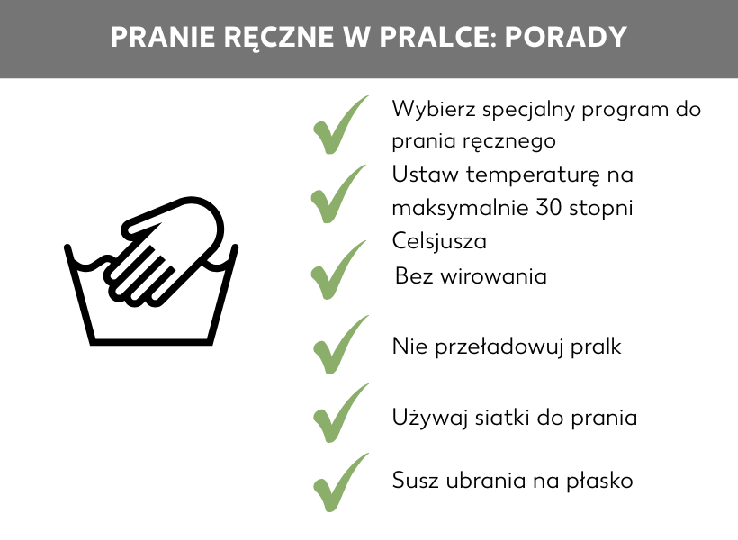 Infografika: Pranie ręczne w pralce: Porady. Po lewej symbol prania ręcznego, po prawek obok: Wybierz specjalny cykl prania ręcznego, Ustaw temperaturę na maksymalnie 30 stopni Celsjusza, Bez wirowania, Nie przeładowuj pralki, Używaj siatki do prania, Susz pranie rozłożone na podłodze