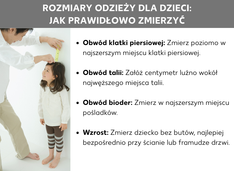 Infografika rozmiarów ubrań dla dzieci: Prawidłowe mierzenie. Obok zdjęcia dziewczynki mierzonej przez mężczyznę za pomocą miarki, znajdują się następujące punkty: Obwód klatki piersiowej: Zmierz poziomo wokół najszerszego miejsca klatki piersiowej. Obwód talii: Luźno owiń miarkę wokół najwęższego miejsca talii. Obwód bioder: Zmierz obwód w najpełniejszej części pośladków. Wzrost: Zmierz dziecko bez butów, najlepiej bezpośrednio przy ścianie lub framudze drzwi.