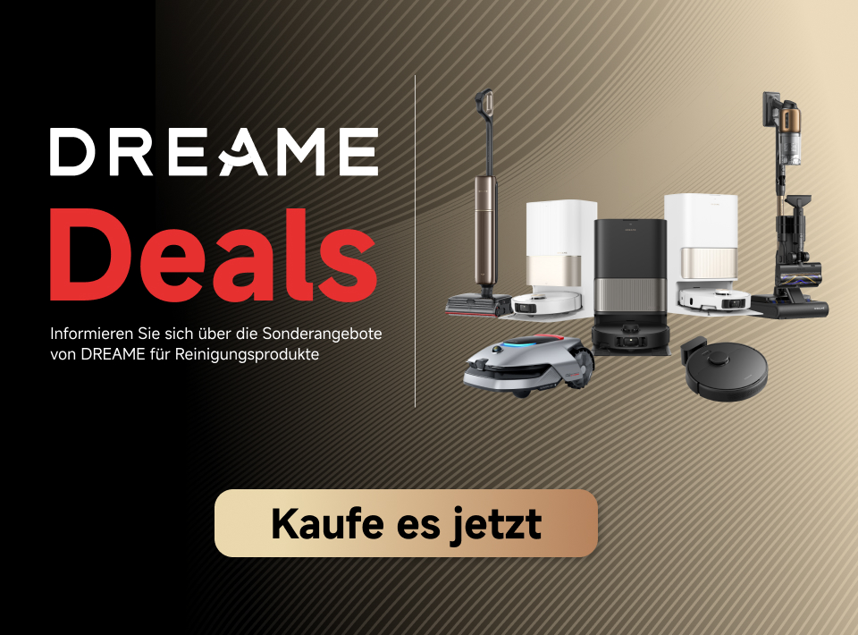 Werbung: DREAME Deals. Sonderangebote für Reinigungsprodukte. Das Bild zeigt vier Saugroboter-Modelle.