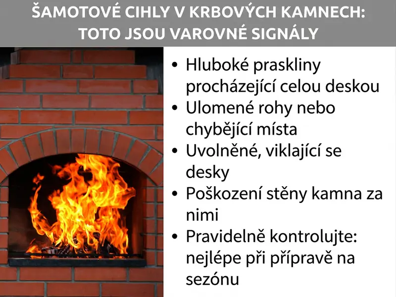 Infografika: Šamotové cihly v krbových kamnech – varovné signály. Seznam obsahuje pět bodů: 1. Hluboké trhliny procházející celou deskou. 2. Odlomené rohy nebo chybějící části. 3. Uvolněné, viklající se desky. 4. Poškození stěny kamen za obložením. 5. Pravidelná kontrola: nejlépe při přípravě na topnou sezónu. V levé části obrázku jsou vidět hořící krbová kamna s červeným cihlovým rámem.