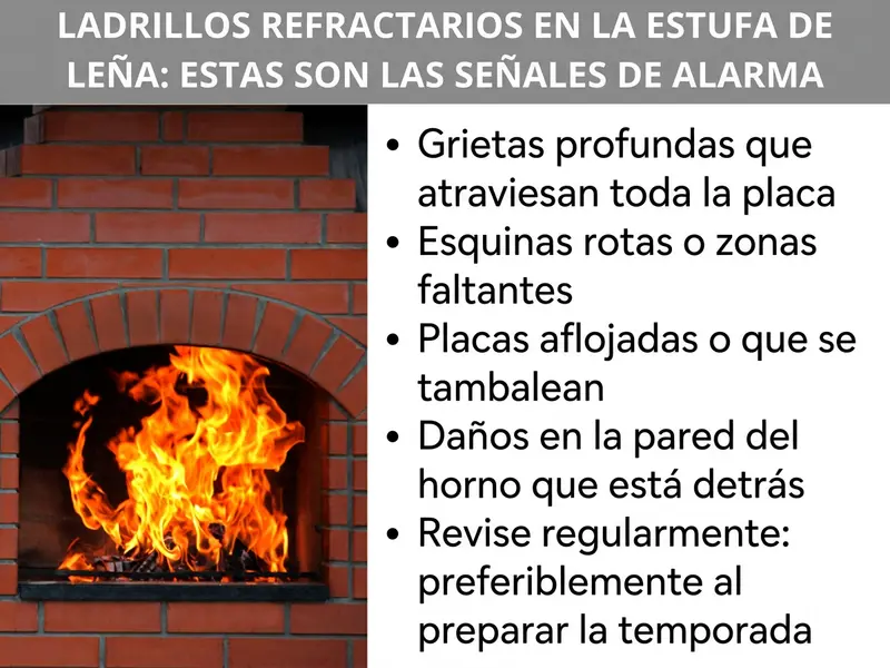 Infografía: Ladrillos refractarios en la estufa de leña: estas son las señales de alarma. La lista incluye cinco puntos: 1. Grietas profundas que recorren toda la placa. 2. Esquinas rotas o zonas con material desprendido. 3. Placas sueltas que se mueven. 4. Daños en la pared de la estufa que queda detrás. 5. Revisar periódicamente: lo mejor es hacerlo al preparar la temporada. En la parte izquierda de la imagen se ve una estufa de leña encendida con un marco de ladrillo rojo.