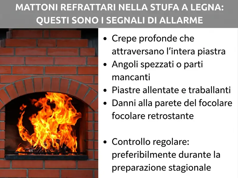 Infografica: mattoni refrattari nella stufa – i segnali d'allarme. L'elenco comprende cinque punti: 1. Crepe profonde che attraversano l'intera piastra. 2. Angoli spezzati o porzioni mancanti. 3. Piastre allentate e instabili. 4. Danni alla parete della stufa sottostante. 5. Controllare regolarmente, preferibilmente prima dell'inizio della stagione. Nella parte sinistra dell'immagine si vede una stufa accesa con una cornice in mattoni rossi.