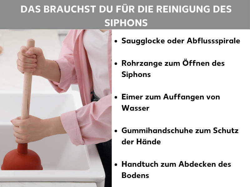 Infografik: Das brauchst du für die Reinigung des Siphons: Im Bild ist eine Person zu sehen, die mit einer roten Saugglocke den Abfluss eines Waschbeckens bearbeitet. Daneben steht eine Liste mit fünf Punkten: 1. Saugglocke oder Abflussspirale. 2. Rohrzange zum Öffnen des Siphons. 3. Eimer zum Auffangen von Wasser. 4. Gummihandschuhe zum Schutz der Hände. 5. Handtuch zum Abdecken des Bodens.