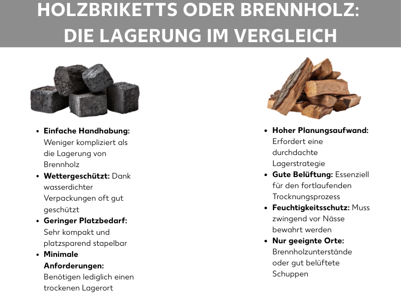 Infografik: Holzbriketts oder Brennholz: Die Lagerung im Vergleich.